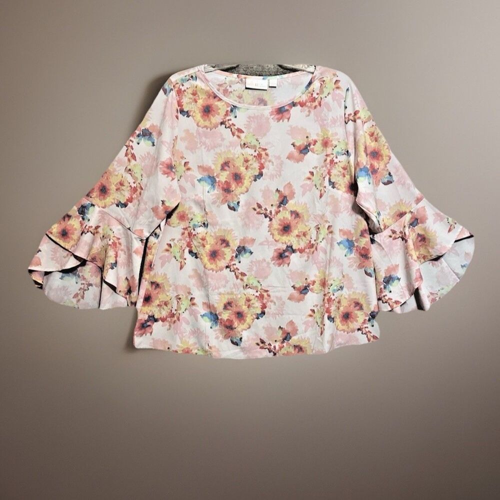 Belle Kim Gravel Blouse Pullover Top Women's Large Pink Floral Feminine